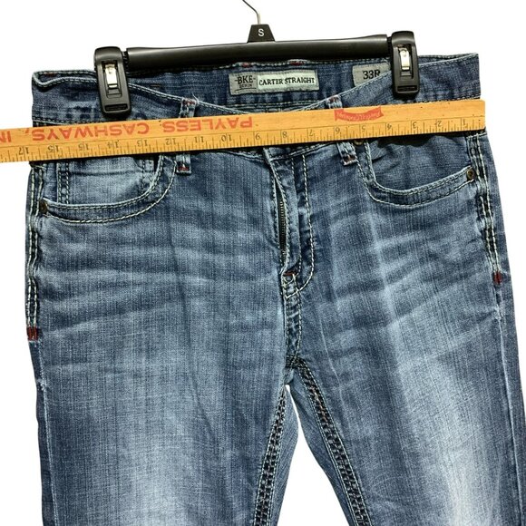 BKE Mens 33R Carter Straight Jeans Blue Denim Zip Fly Medium‎ Wash Stretch - Picture 12 of 16